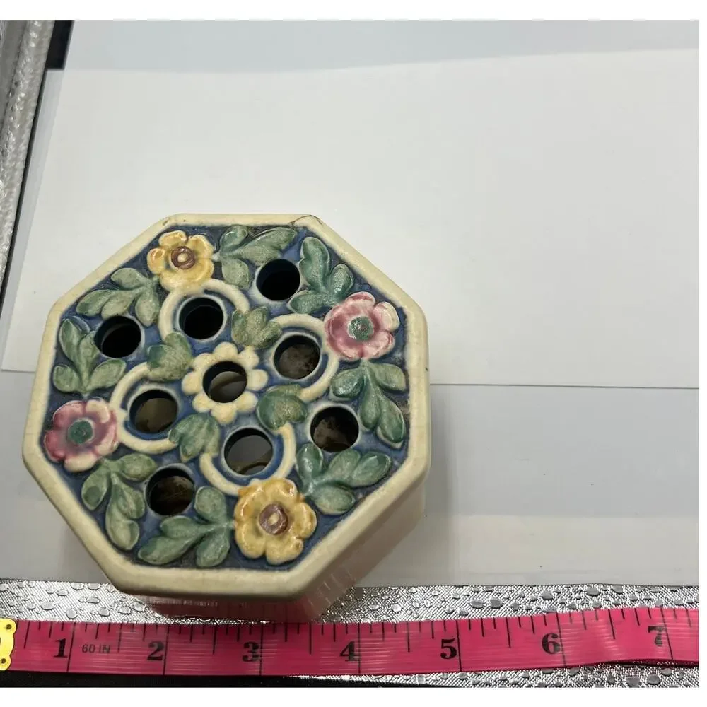 Antique Weller Ware Ceramic Florala 9 Hole Flower‎ Frog Vase RARE 1920's FLAW